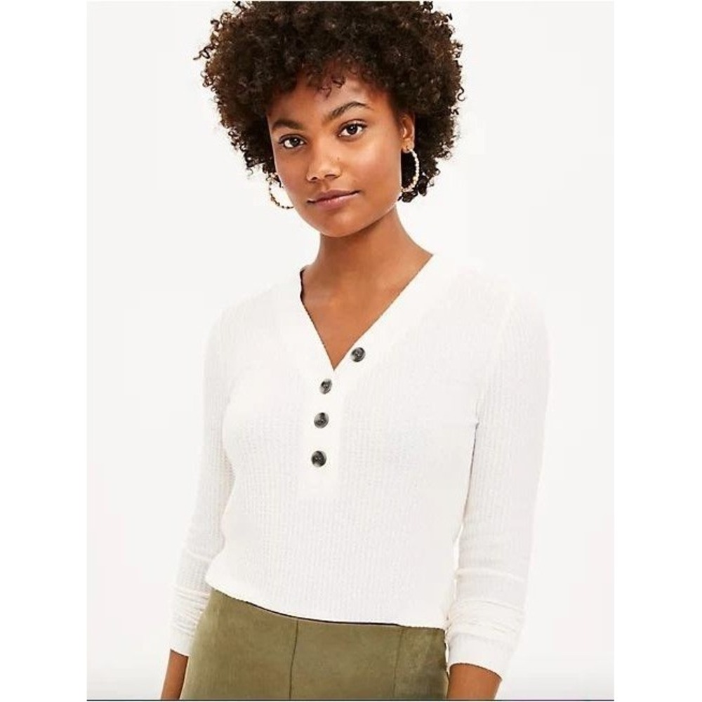 LOFT Waffle‎ Henley Top White Ivory Small New With Tags
